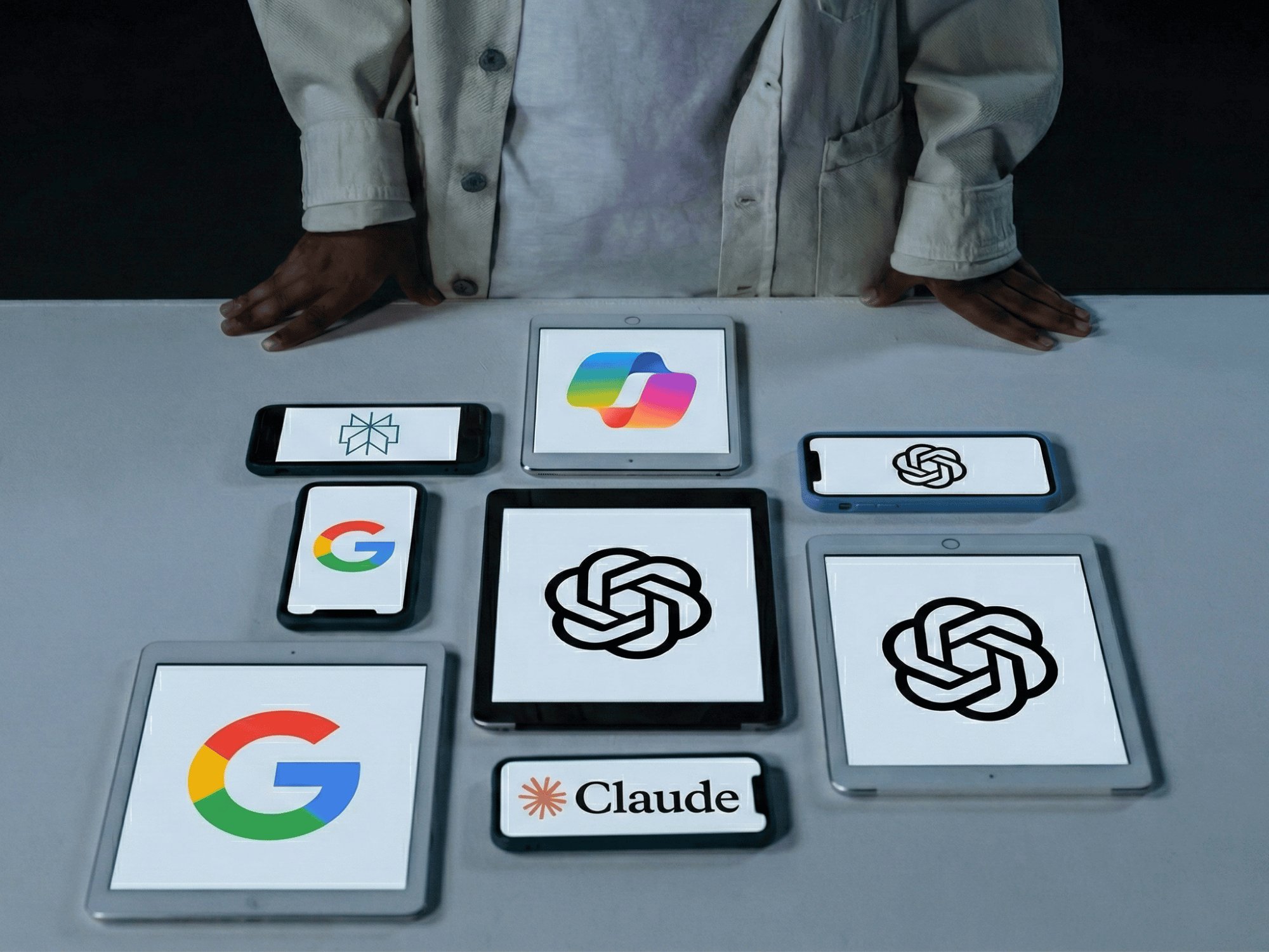 A selection of Tablets and Mobile Cell Phones showing ChatGPT, Google, MS CoPilot & Perplexity Logos